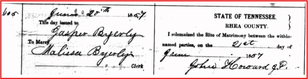 Marriage Record for Jasper and Malissa Byerly