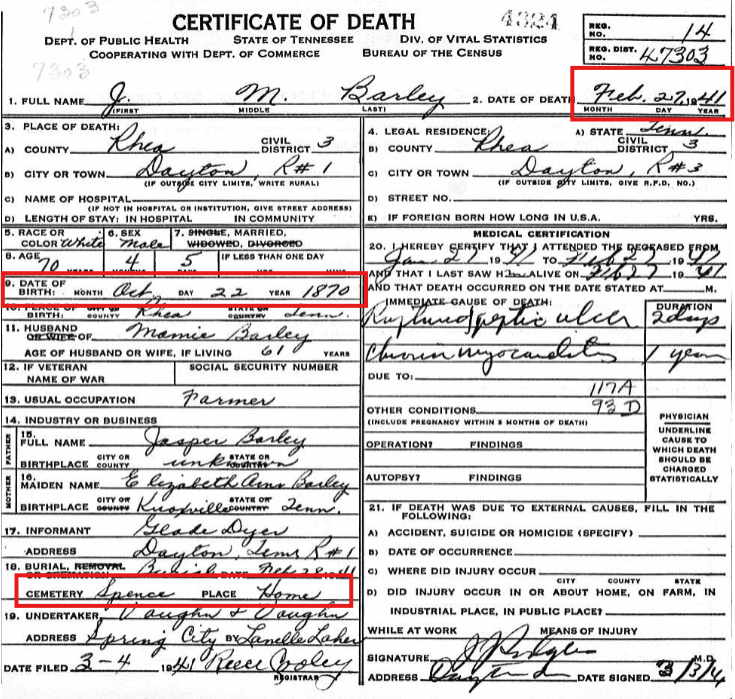 Death Certificate for J.M. Barley