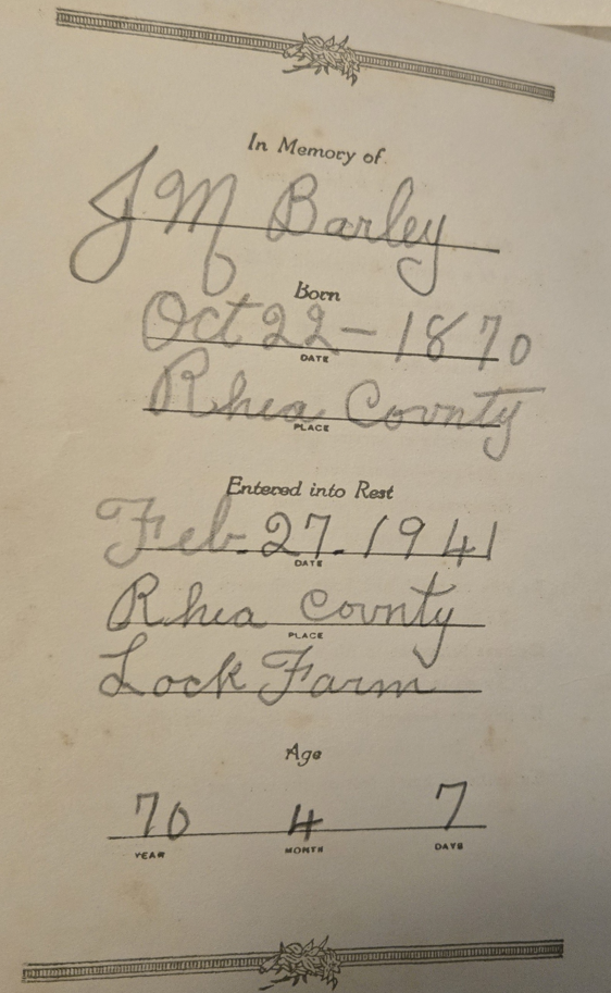 Funeral Book for J. M. Barley